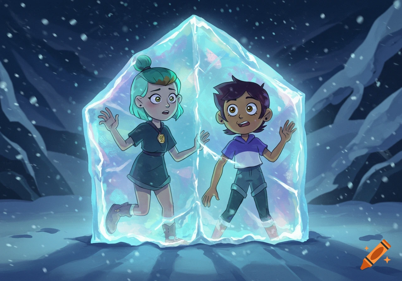 Amity and Luz from The Owl House are frozen inside a glowing ice block in a snowy landscape.
