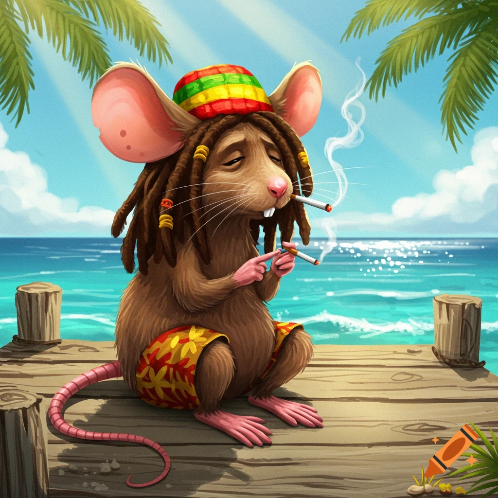 A cartoon mouse with dreadlocks and a Rasta beanie sits on a dock by a turquoise ocean, smoking two cigarettes.