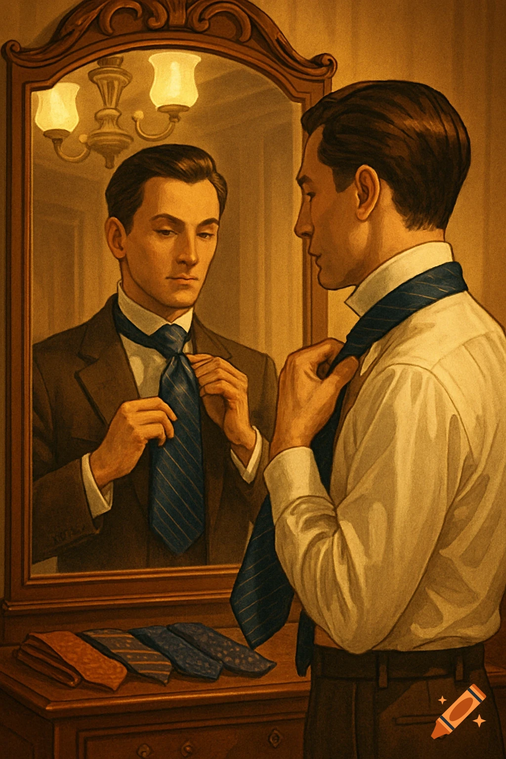 A man in a white shirt and brown suit jacket adjusts his blue striped tie in a mirror, with more ties on a dresser.