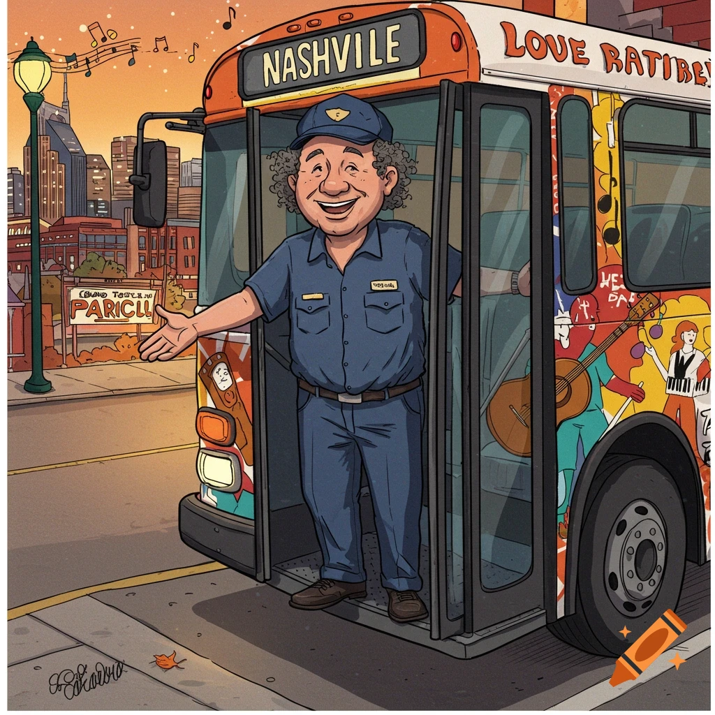 A friendly cartoon bus driver with curly hair and a blue uniform stands at the open door of a colorful bus, welcoming passengers. The bus reads "NASHVILLE" on the front. A city skyline is in the background.