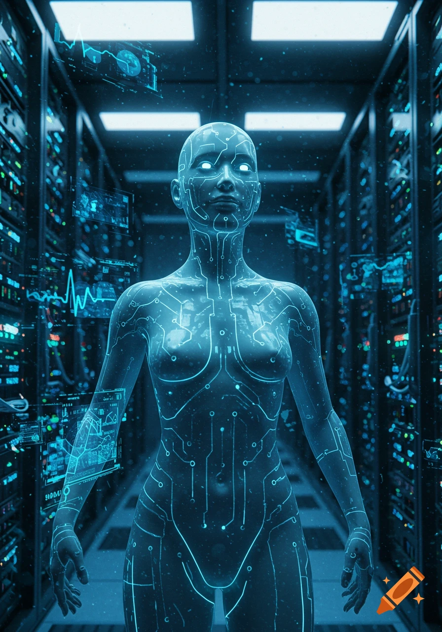 A translucent AI female figure with glowing circuit patterns stands in a futuristic server room with holographic data displays.