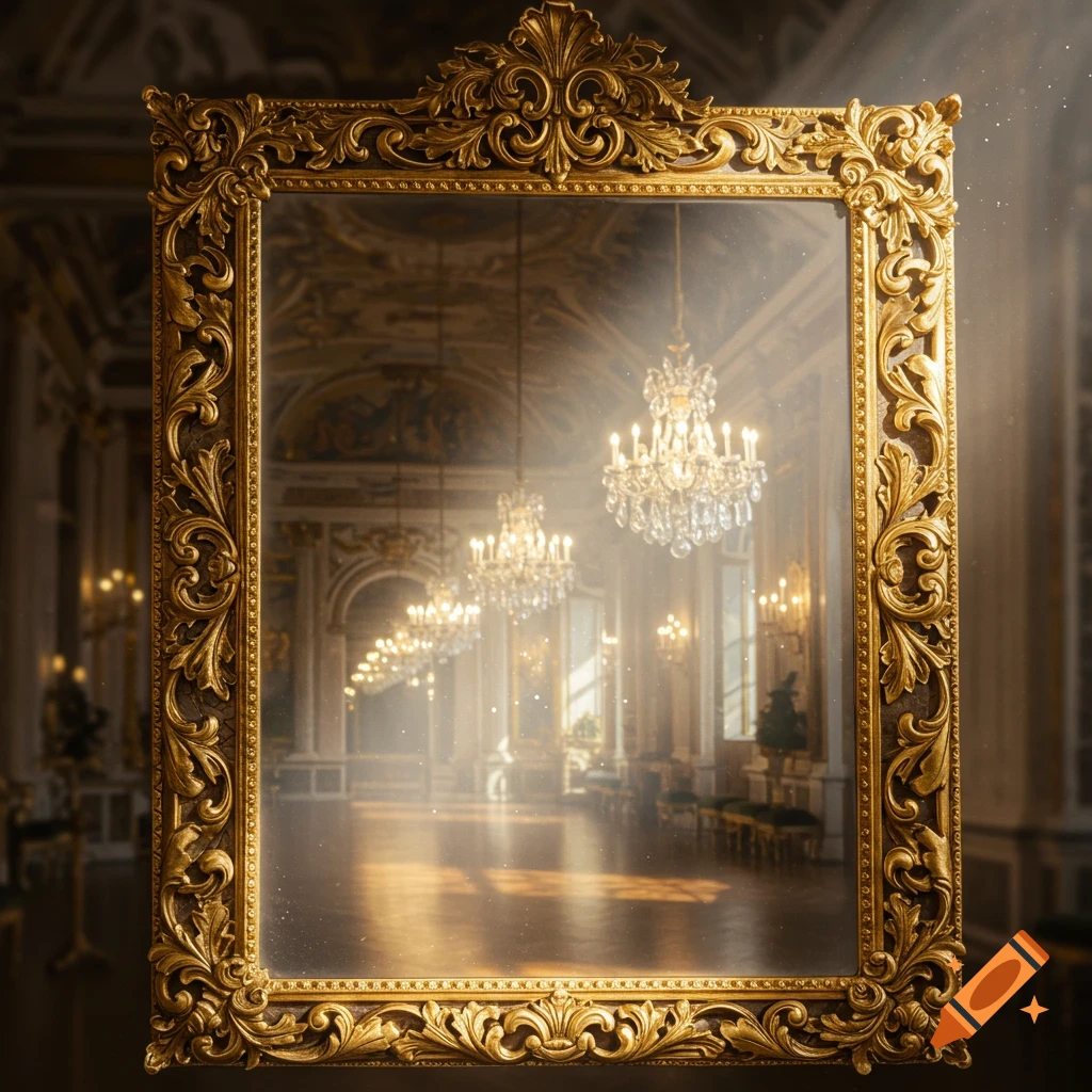 An ornate, golden framed mirror reflects a grand hall with chandeliers and high ceilings, bathed in sunlight.