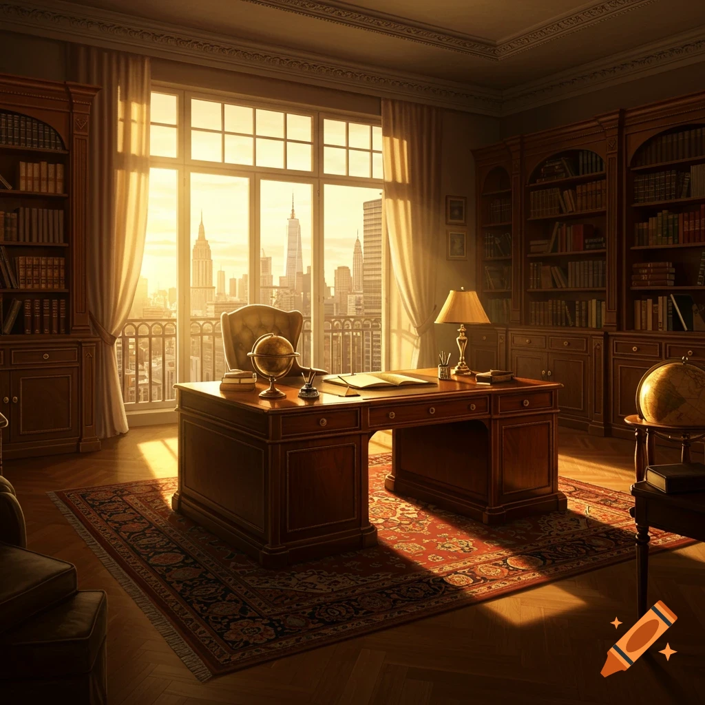 Luxurious office interior at sunset with a city view from a large window. A wooden desk with a globe and lamp is in the foreground.