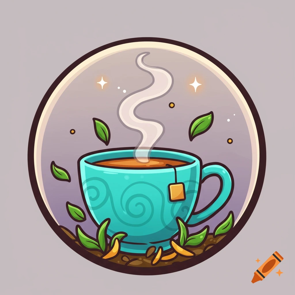 Cartoony illustration of a steaming teal tea cup with a tea bag, surrounded by green leaves, inside a circular frame.