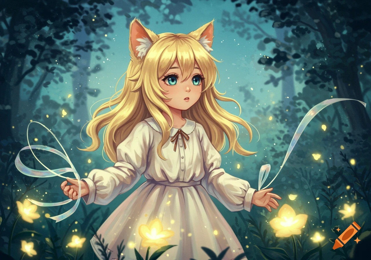 An anime cat girl with blonde hair and blue eyes stands in a magical forest with glowing flowers.