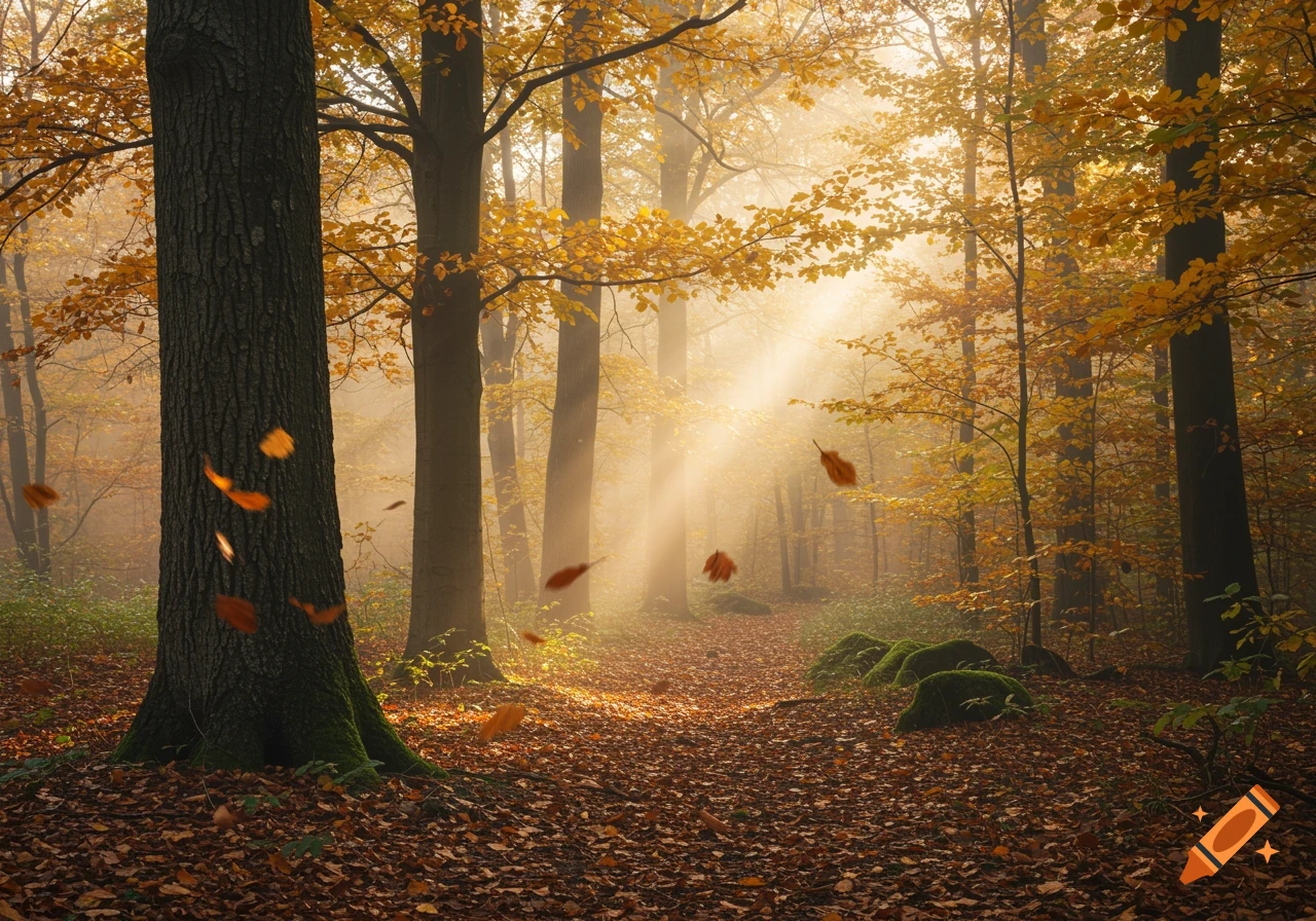 Sunlight streams through golden autumn leaves in a tranquil forest with fallen leaves on the ground.