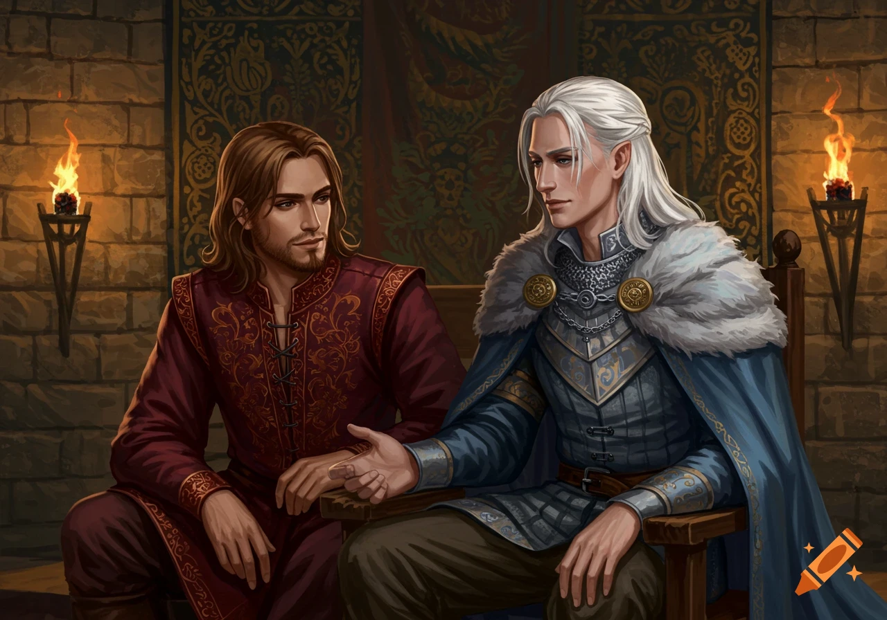 Two men in medieval fantasy attire, one with brown hair and one with white hair, sit in a stone room with torches, holding hands.