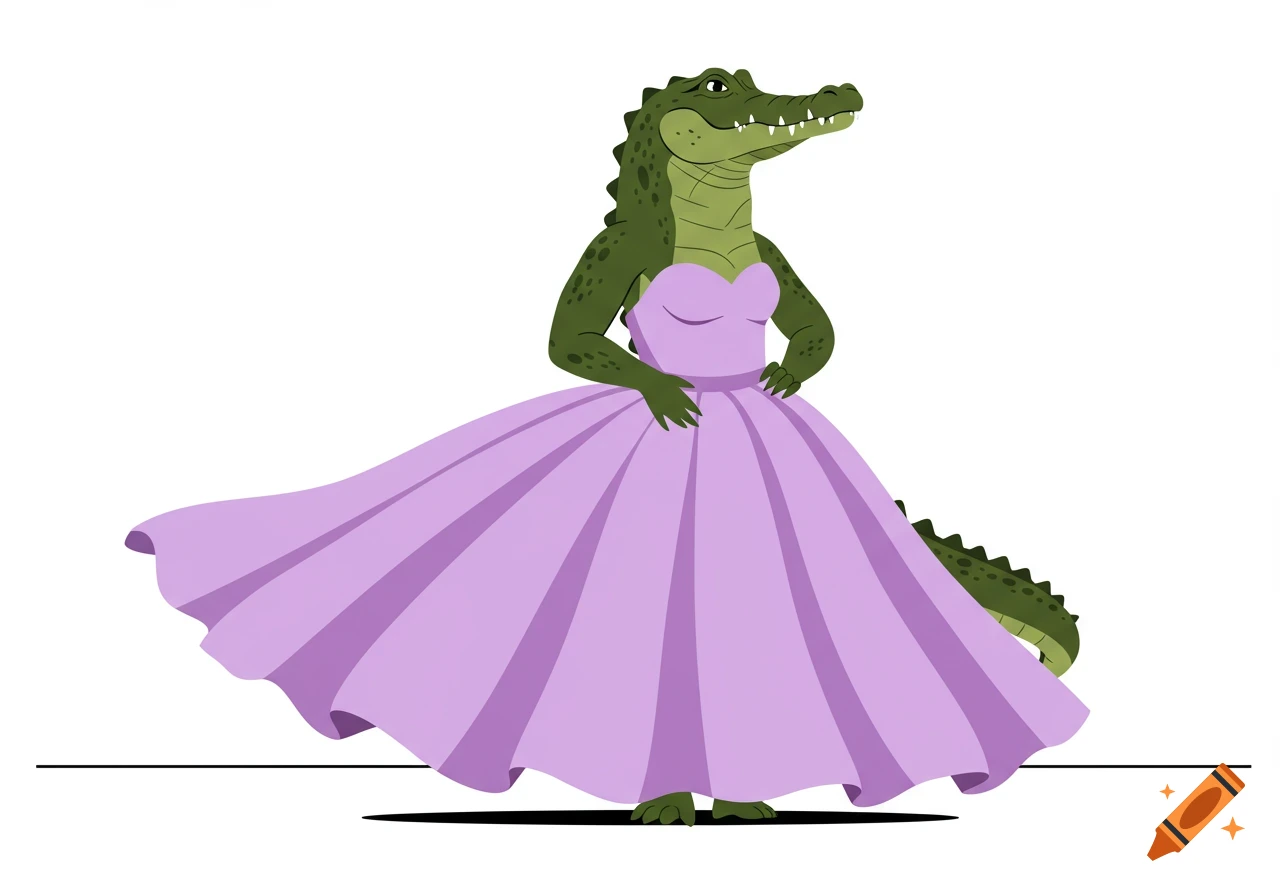 A cartoon crocodile wearing a long purple ball gown dress.