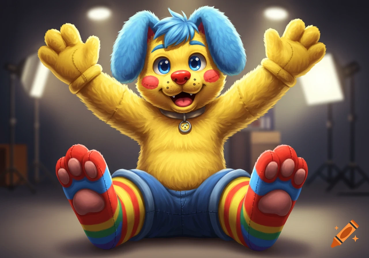 A cute anthropomorphic puppy boy plush with yellow fur, blue ears, and rainbow socks sits on the floor in a photo studio with a silly, lively expression.