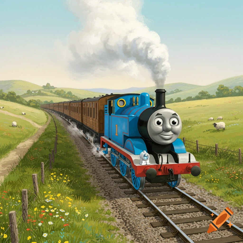 Thomas the Tank Engine smiling on tracks in a green, rolling countryside with sheep and wildflowers.