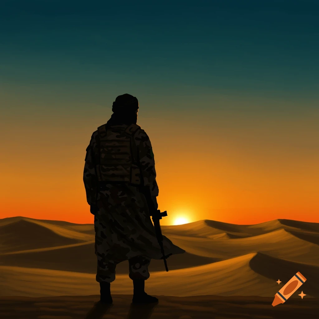 A silhouette of a soldier holding a rifle, standing in a desert landscape against a vibrant sunset.