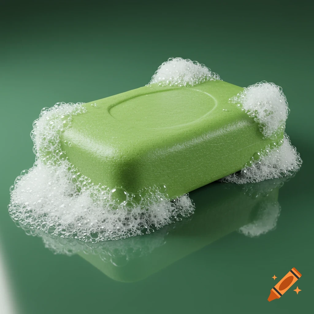 A green bar of soap covered in white suds on a reflective green surface.
