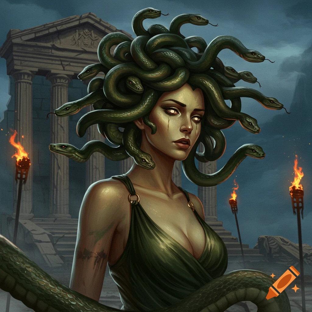 A detailed fantasy art illustration of Medusa, with glowing eyes and snakes for hair, wearing a green dress, in front of ancient ruins.