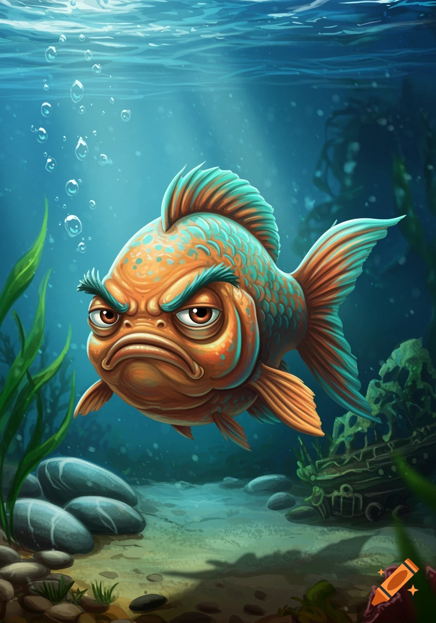 A grumpy, orange and teal cartoon fish with furrowed brows swims underwater amidst bubbles, rocks, and seaweed, with sunlight filtering from above.