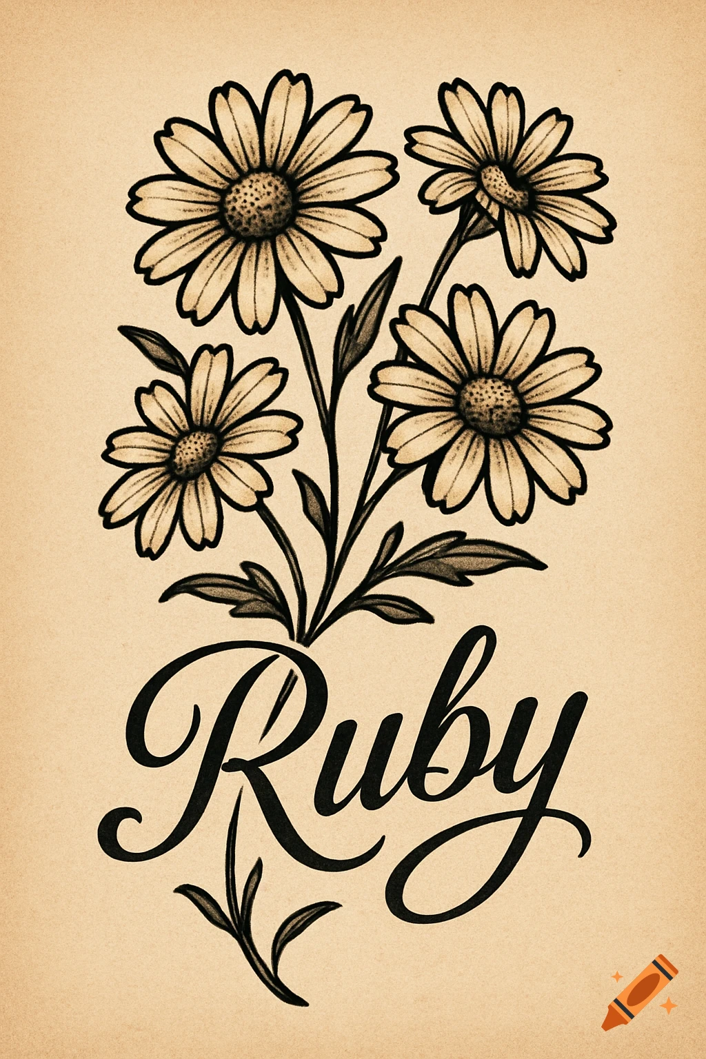 An old school tattoo design featuring a bouquet of daisies with the name "Ruby" written in elegant script below them, all on a textured beige background.