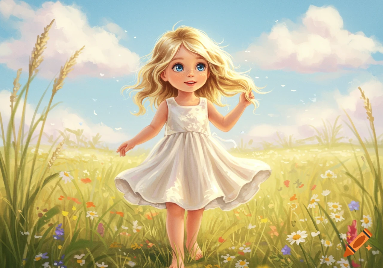 A cute blonde girl in a white dress runs through a vibrant field of wildflowers under a bright blue sky, illustration style.