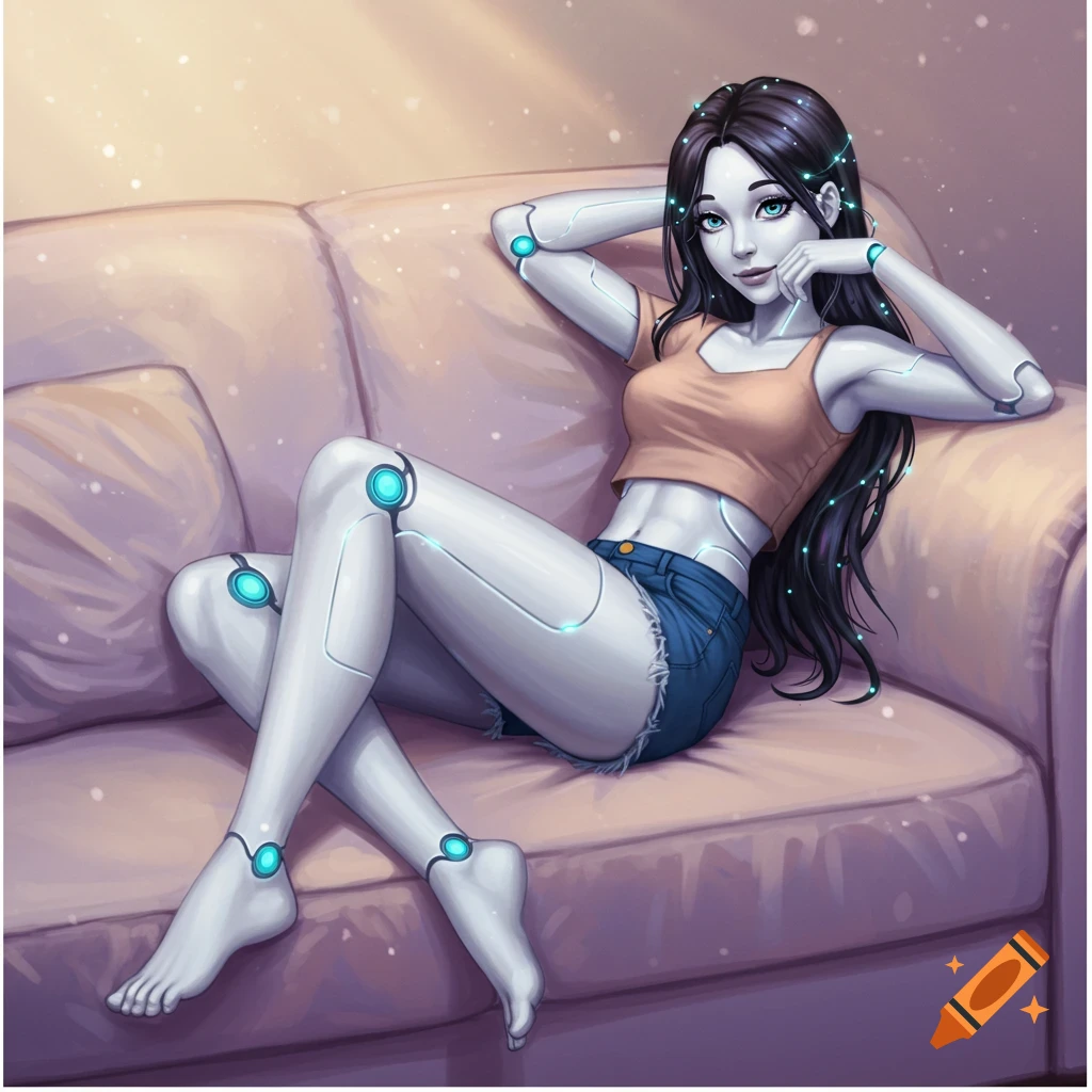 An anime robot girl with white skin and glowing blue circuits lies relaxed on a couch, wearing a crop top and denim shorts.