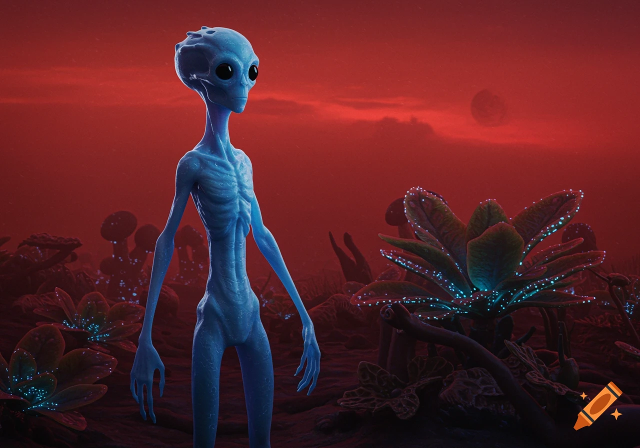 A tall, slender blue alien with large black eyes stands on a red-skied alien planet with glowing plants.