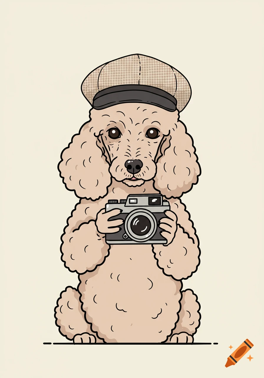 A cartoon illustration of a poodle wearing a newsboy cap and holding a vintage camera.