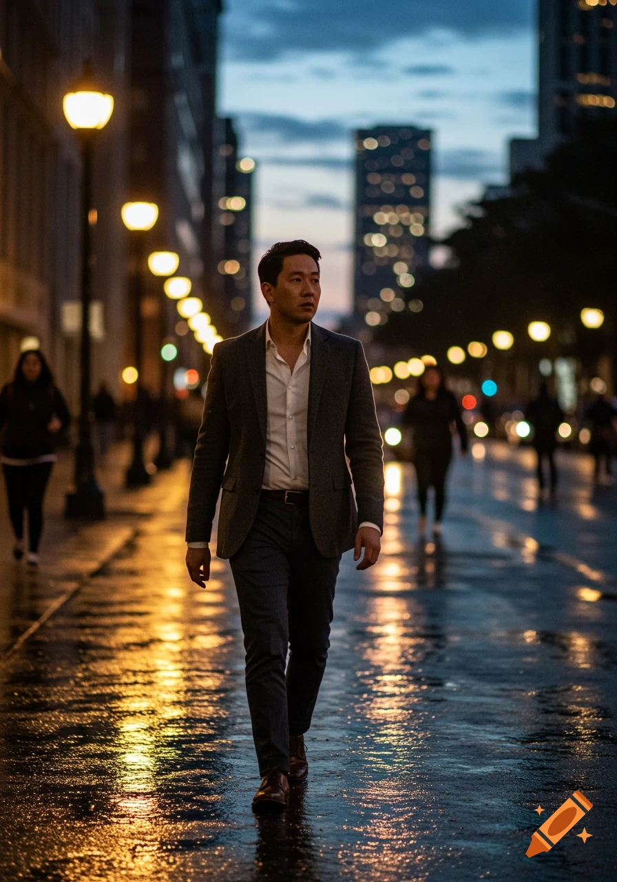 A man in a suit walks on a wet city street at night, illuminated by streetlights and reflections.
