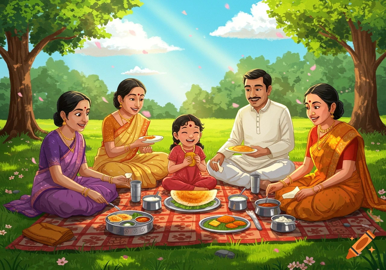 Illustration of an Indian family having a picnic in a sunny park, eating dosa and other food on a red checkered blanket.