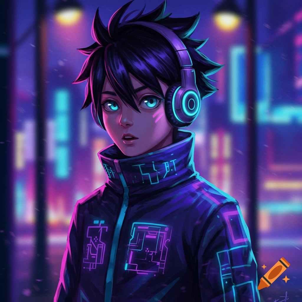 An anime character with black spiky hair and glowing blue eyes, wearing headphones and a futuristic jacket, stands in a neon-lit city at night.