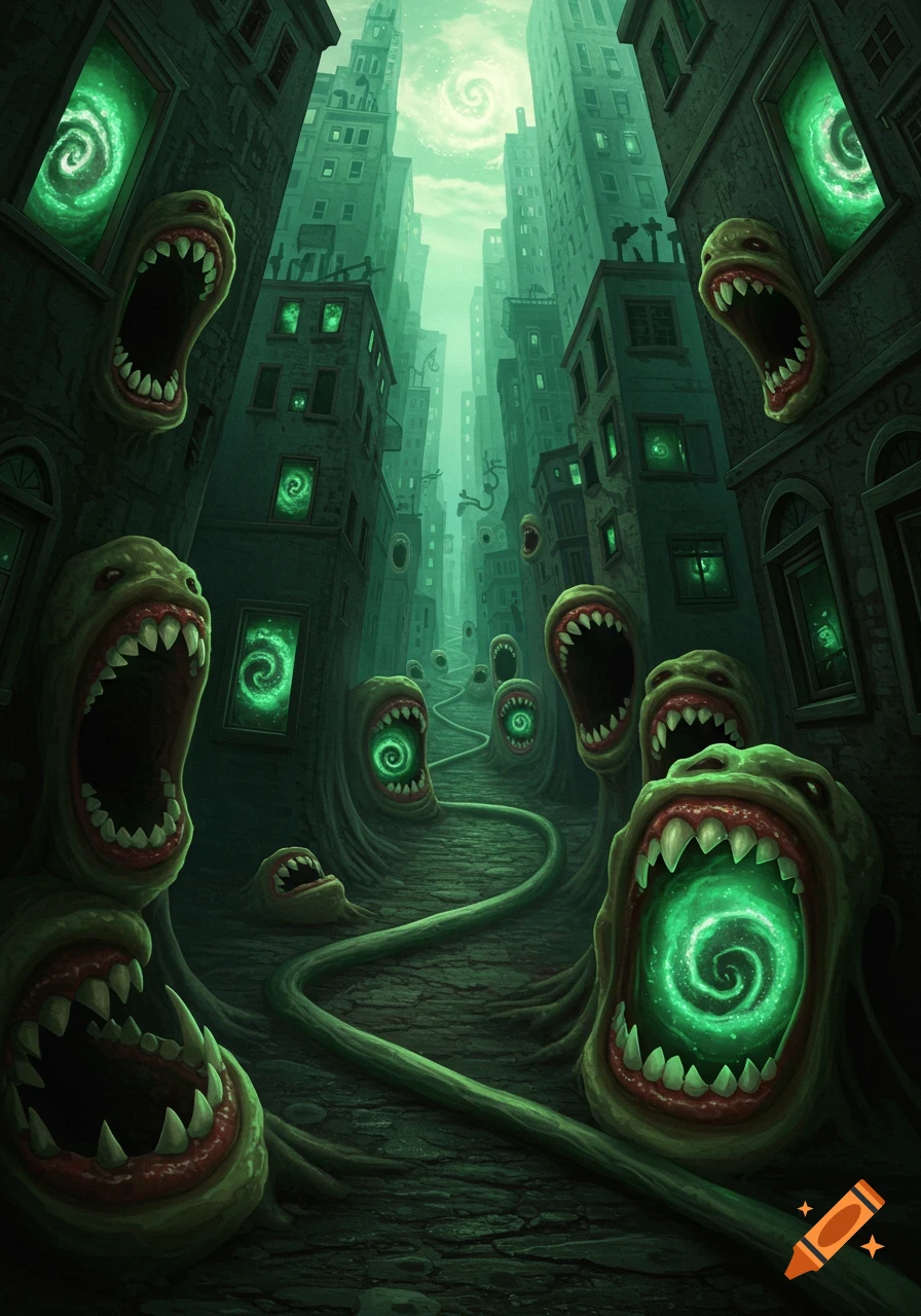 A surreal, dark green cityscape with towering, warped buildings. Numerous monstrous, toothy mouths emerge from walls and the ground, some with glowing green spirals inside.