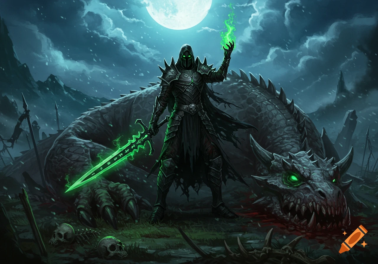 A hooded necromancer knight with a glowing green sword and magic stands over a defeated dragon under a full moon in a dark fantasy landscape.