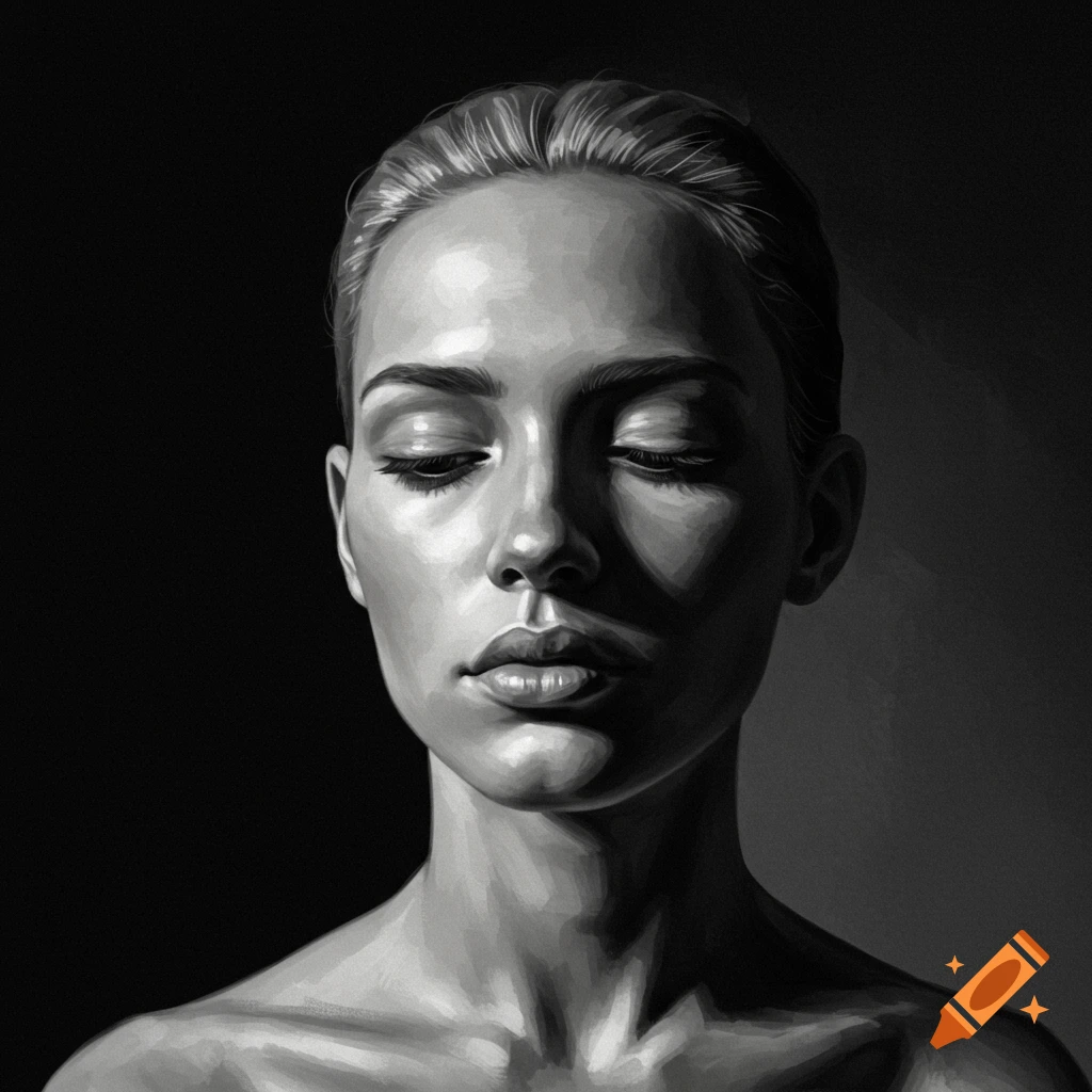 Black and white painterly portrait of a woman with closed eyes and a dark background.