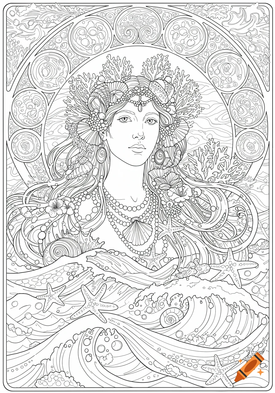 Art Nouveau line art coloring page of a water goddess rising from ocean waves, adorned with seashells, pearls, and coral.