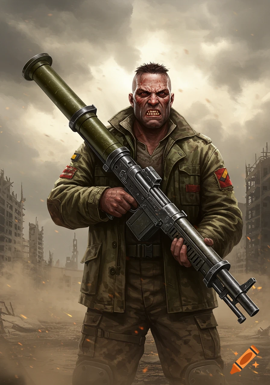 A muscular, angry man with an underbite and a buzzcut, wearing military attire, holds a rocket launcher in a ruined city.