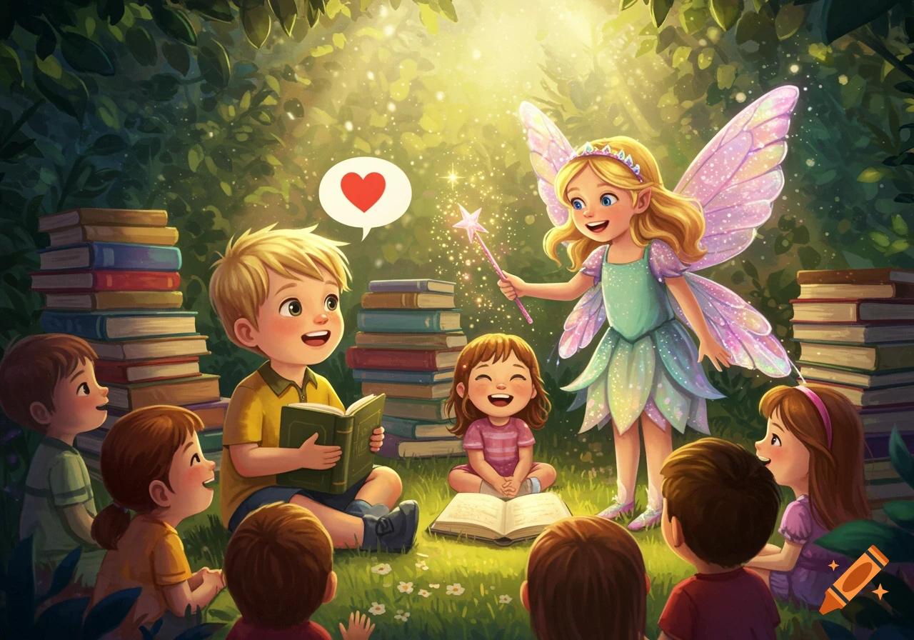 Children listen to a boy reading a book with a red heart, joined by a fairy with a wand in a magical forest filled with books. Illustrated.