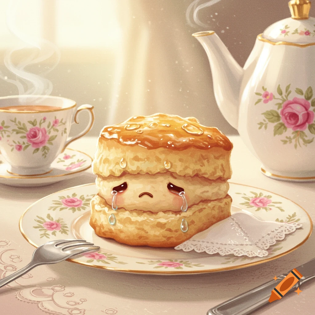 A cute, cartoon scone with a crying face sits on a floral plate, with a teacup and teapot in the background.