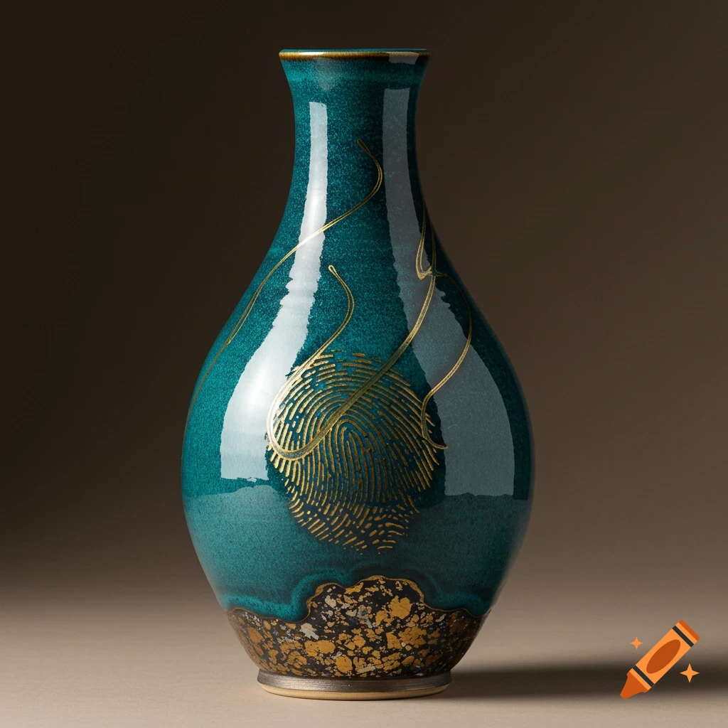 A glossy teal vase with a prominent gold fingerprint pattern and intricate gold lines, featuring a textured gold and dark brown base.