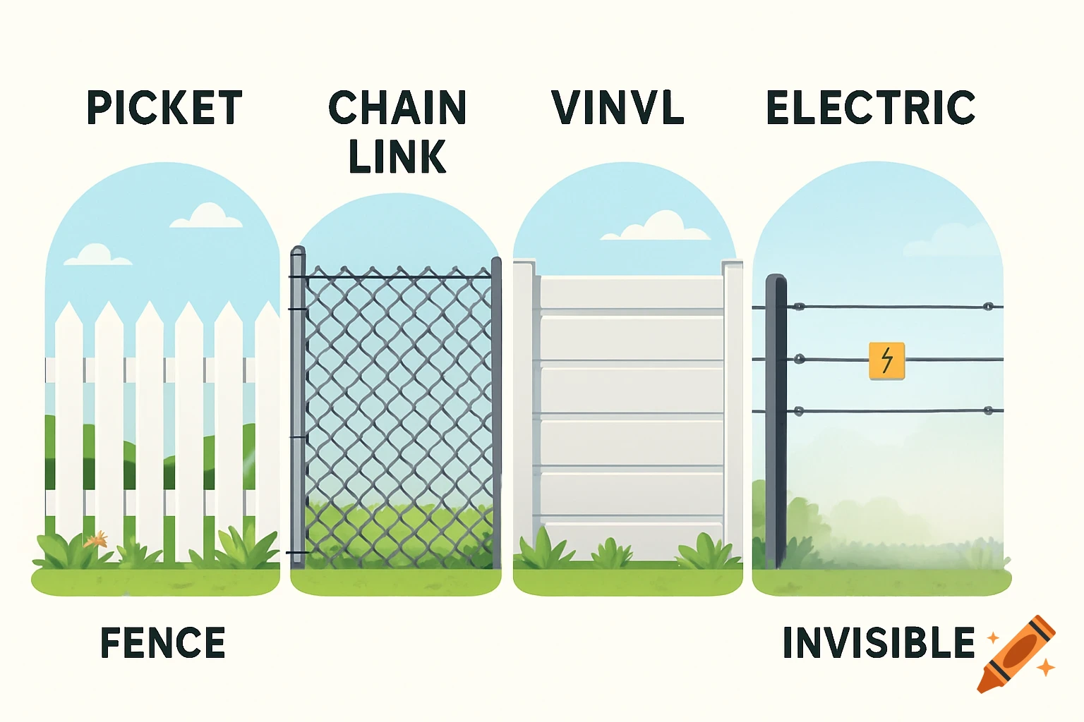 An infographic showing four types of fences: picket, chain link, vinyl, and electric, with corresponding labels.