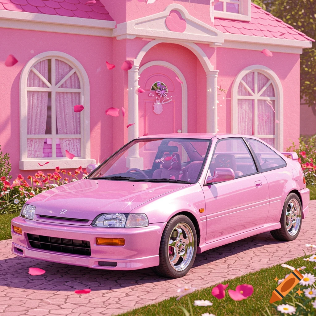 A vibrant pink Honda car parked on a paved driveway in front of a large pink house with falling pink petals and flowers.