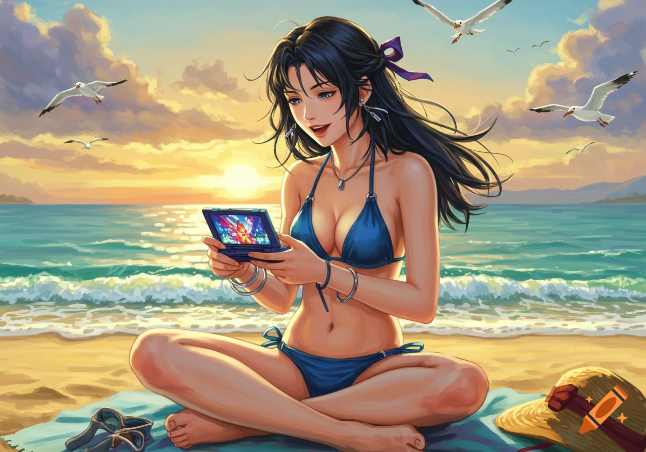 Anime woman in blue bikini playing a handheld game on a beach at sunset with seagulls flying.