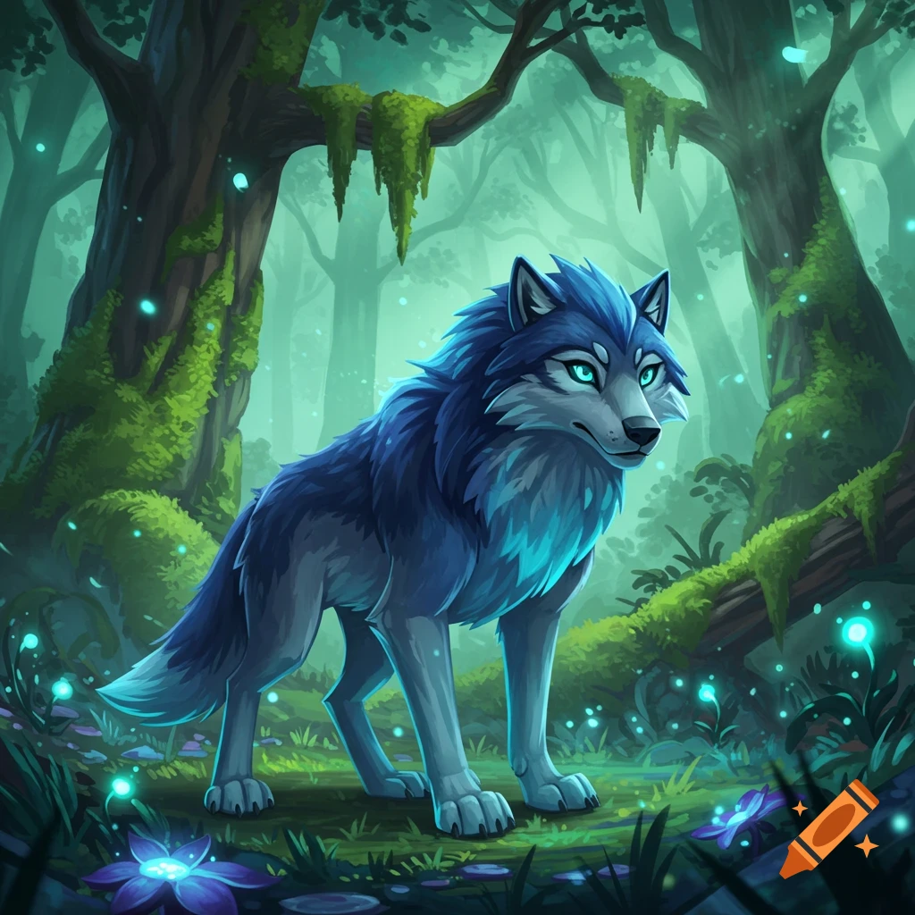 A stylized blue wolf with glowing eyes stands in a magical forest filled with glowing blue flora.