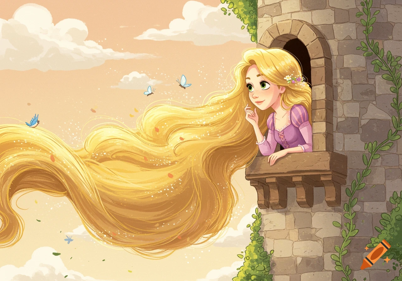 A cartoon illustration of Rapunzel with very long golden hair flowing out of a tower window, looking out at blue butterflies.
