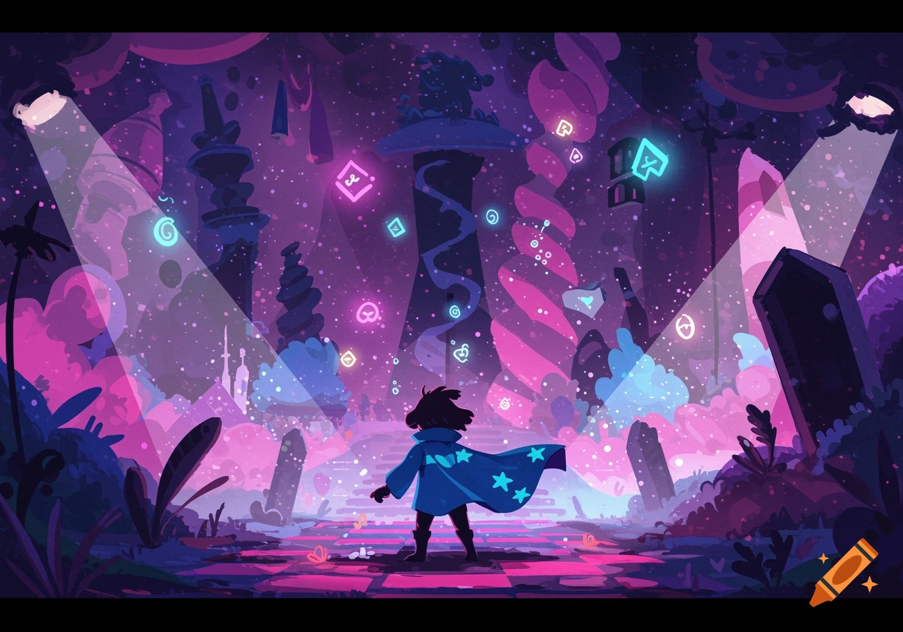 A child-like figure in a blue cape with glowing stars stands in a vibrant, purple and pink magical forest with floating neon symbols, illustration style.