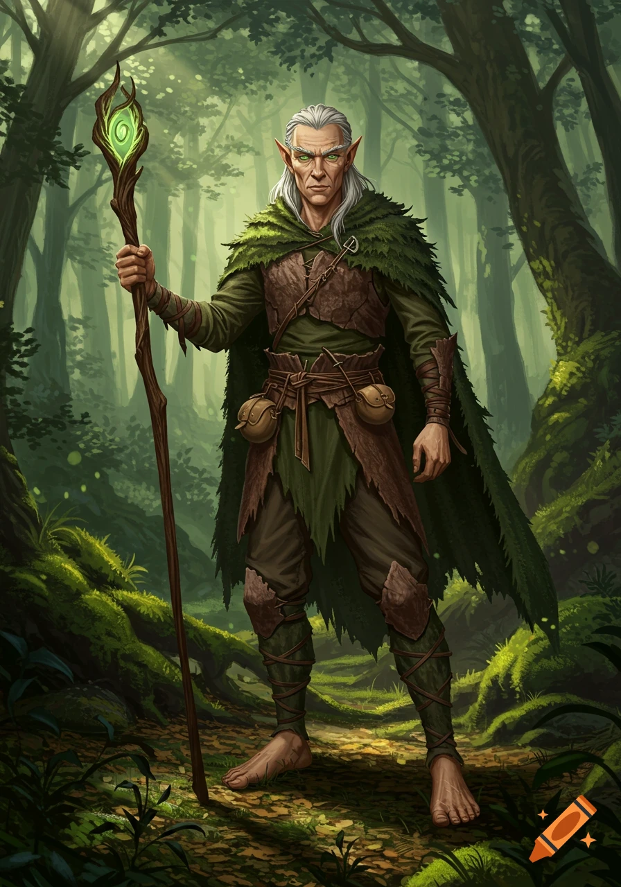 A detailed illustration of an elderly male elf with white hair and green eyes, wearing forest-toned clothing and holding a glowing staff, standing barefoot in a vibrant, mossy forest.