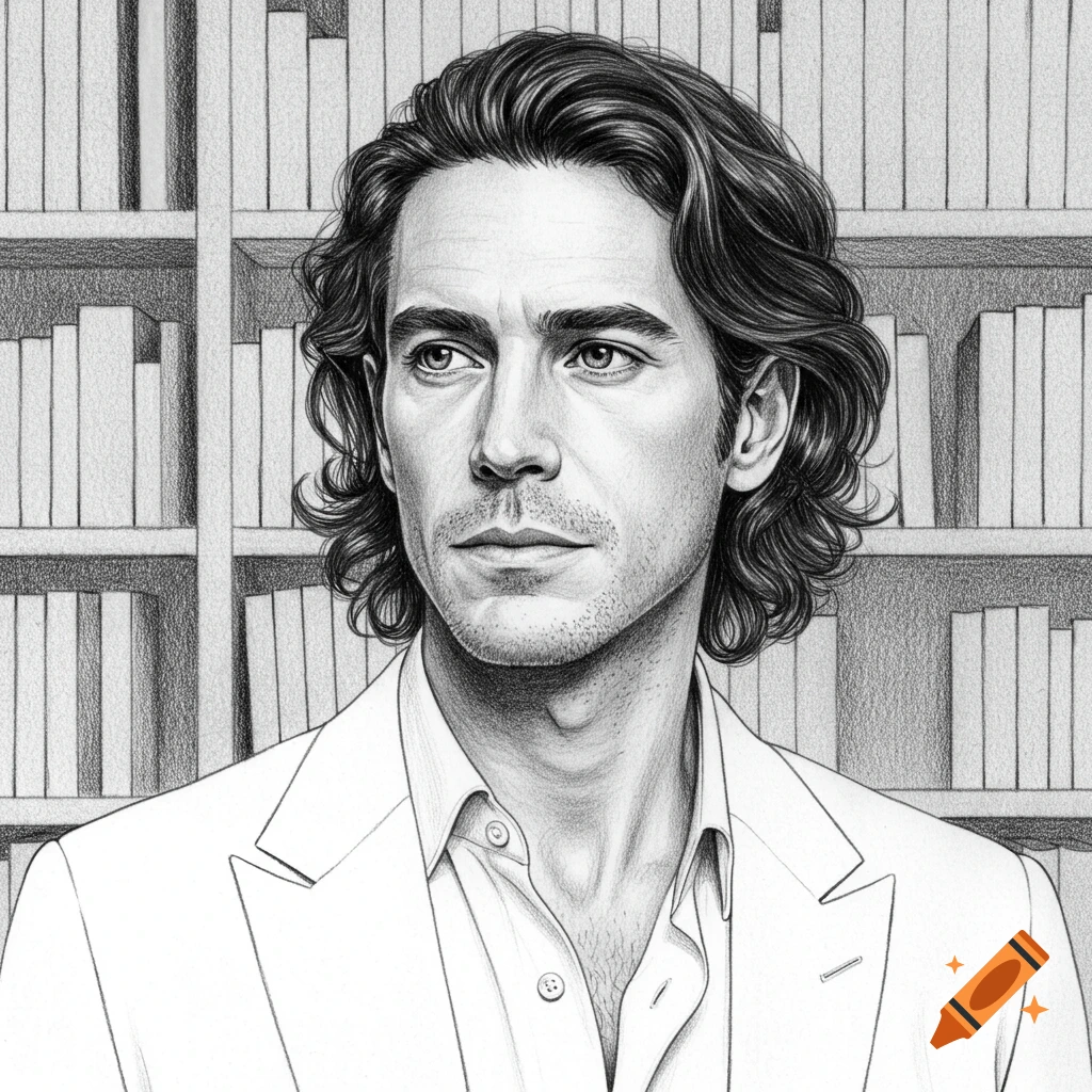 A black and white pencil sketch of a man with long, wavy hair looking to the side, standing in front of bookshelves.