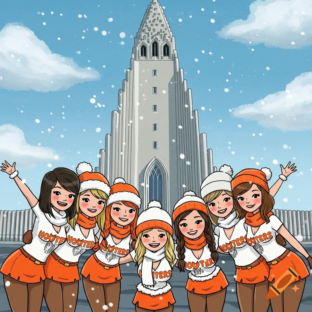 Cartoon group of six women in Hooters uniforms and winter hats/scarves posing in front of Hallgrimskirkja during snowfall.