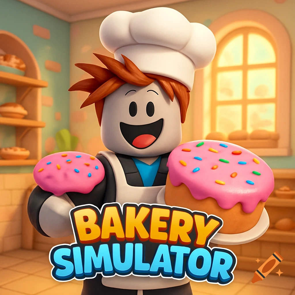 Smiling Roblox-style chef holding a pink frosted cake with sprinkles in a bakery, with 'Bakery Simulator' title. 3D cartoon style.