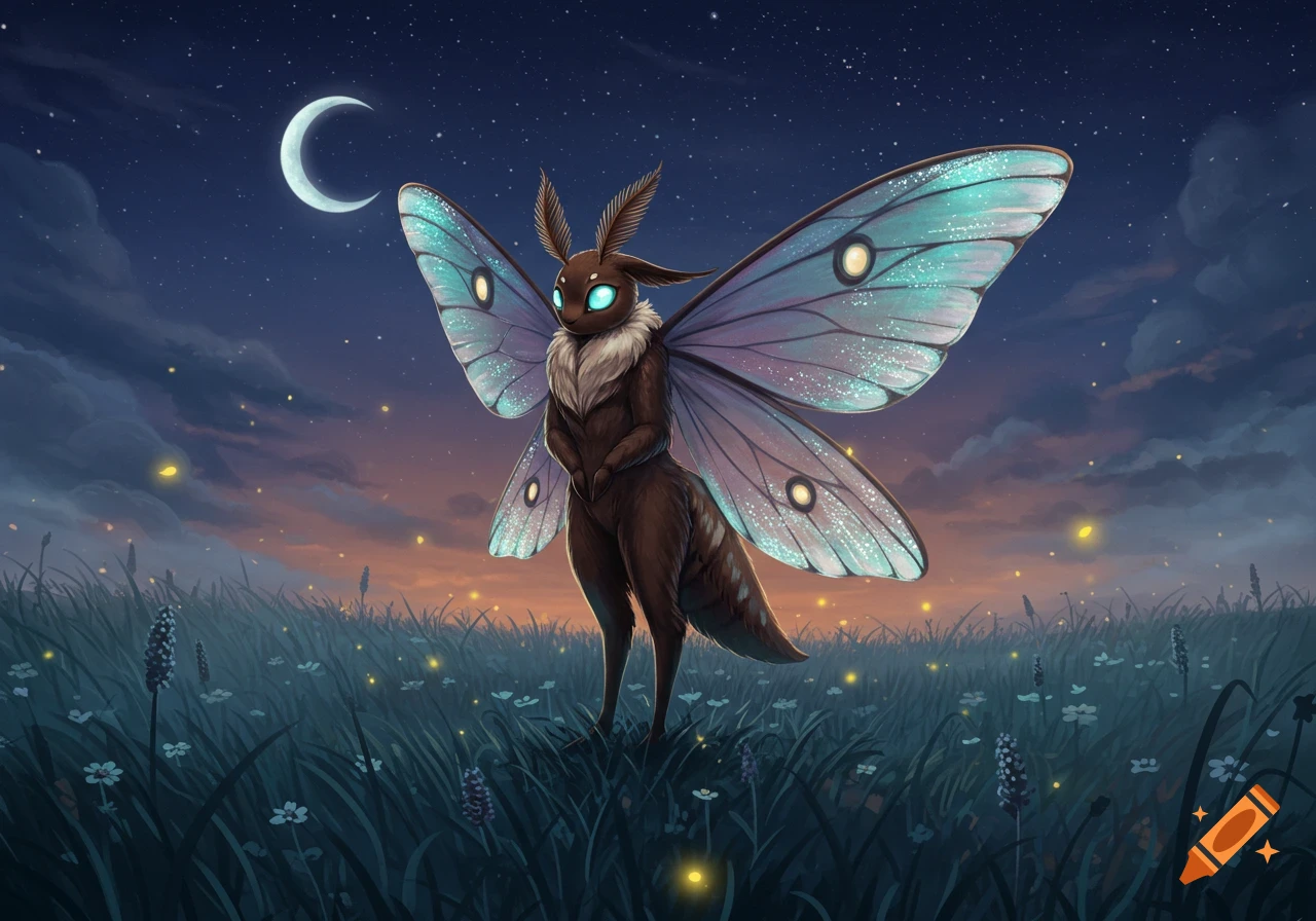 An anthropomorphic moth with glowing eyes and iridescent wings stands in a moonlit field among fireflies.
