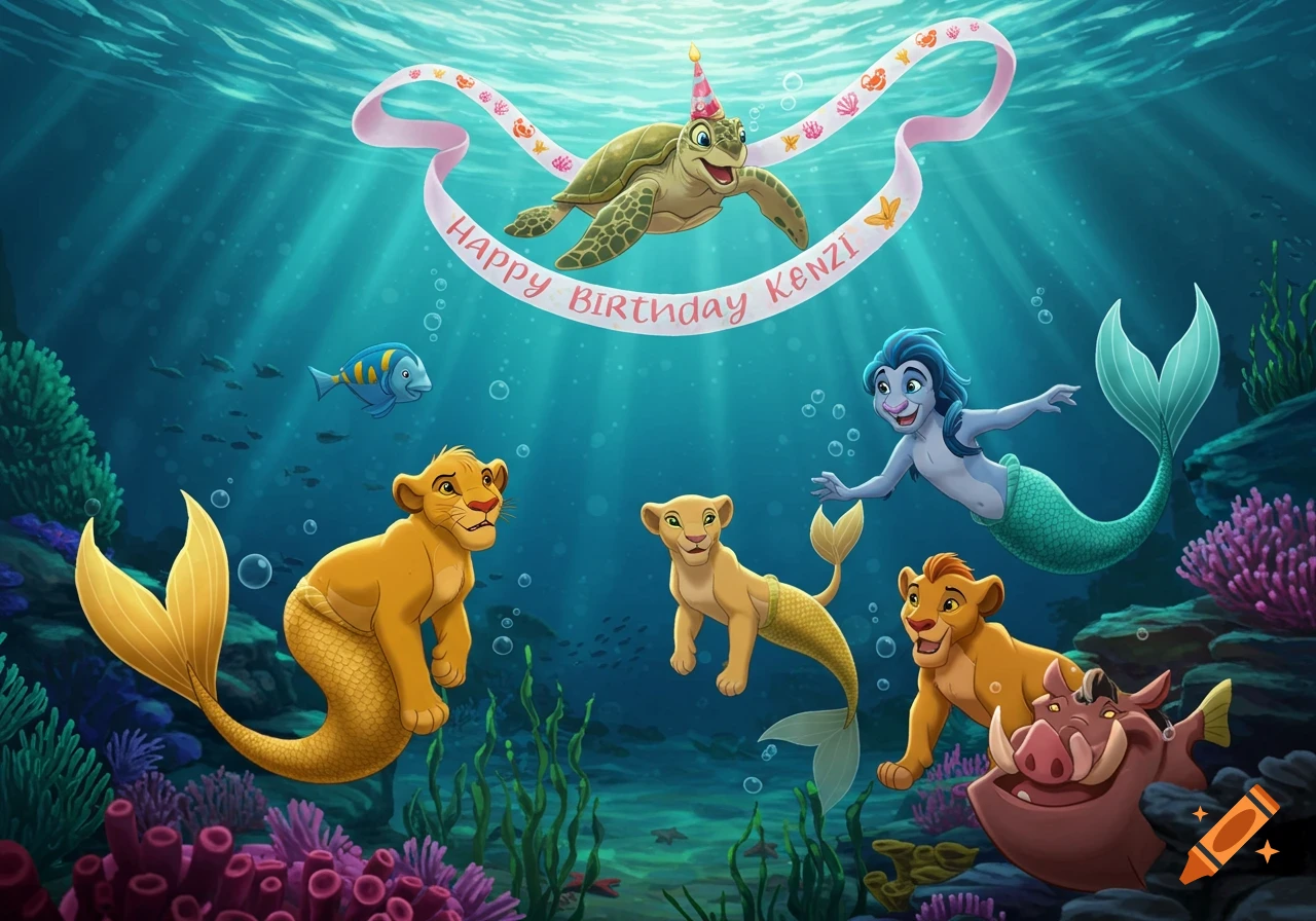 Cartoon Lion King characters as mermaids and a turtle underwater, celebrating with a 'Happy Birthday Kenzi' banner.