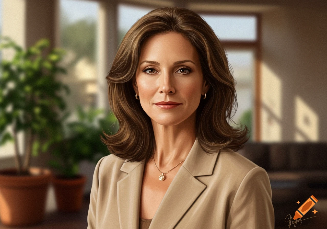 A photorealistic portrait of a woman with brown hair wearing a beige blazer and necklace, against a blurred indoor background.