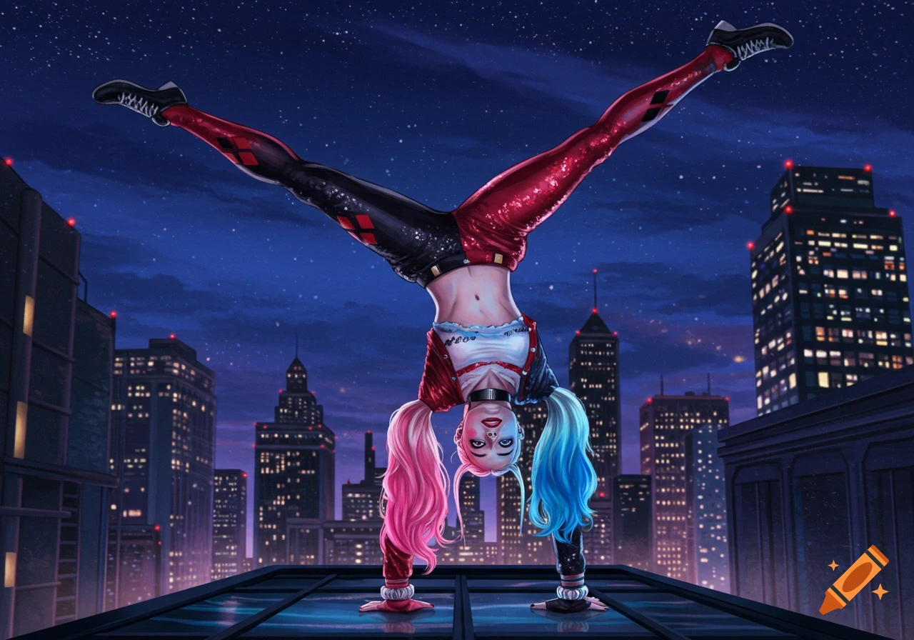 Harley Quinn in a handstand on a city rooftop at night, wearing red and black costume with pigtails.