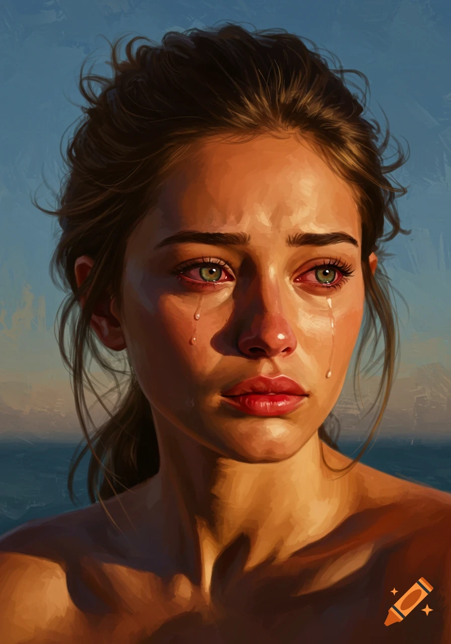 Oil painting portrait of a young woman with tanned skin, green eyes, and messy brown hair, crying with a worried expression, dramatic blue hour lighting.