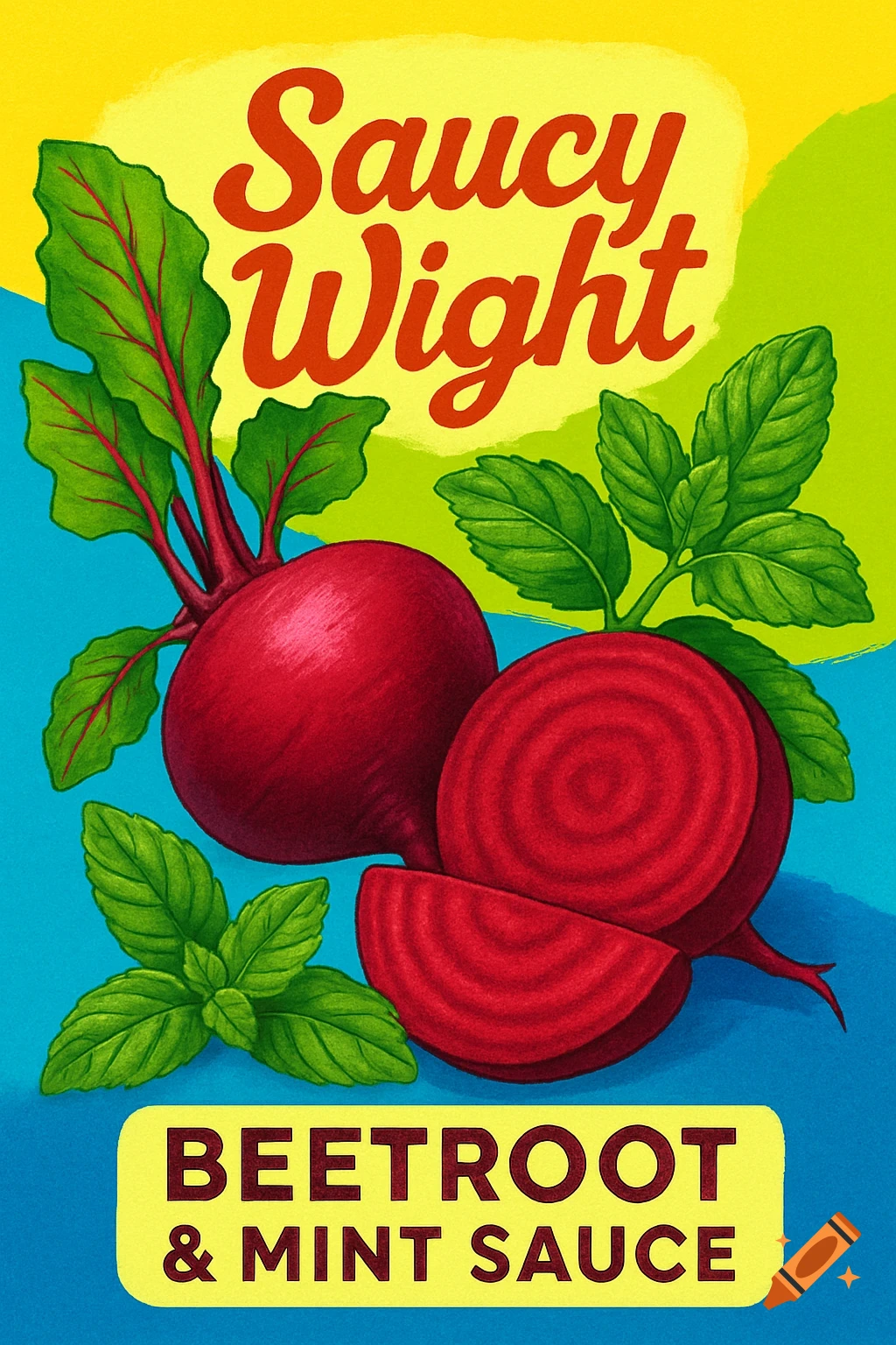 A vibrant product label illustration for Saucy Wight's Beetroot & Mint Sauce, featuring beetroots and mint leaves.